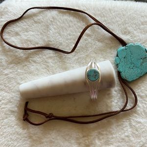 Color Turquoise bracelet and bolo tie with leather . Not authentic turquoise